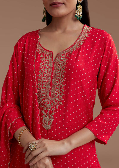 Red Silk Bandhani Print Kurta Set with Zari Work