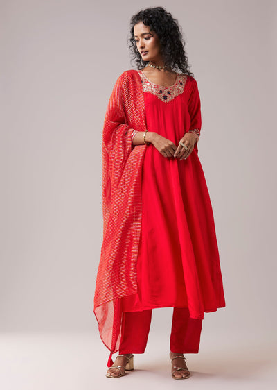 Red Silk Cutdana Work Anarkali Set