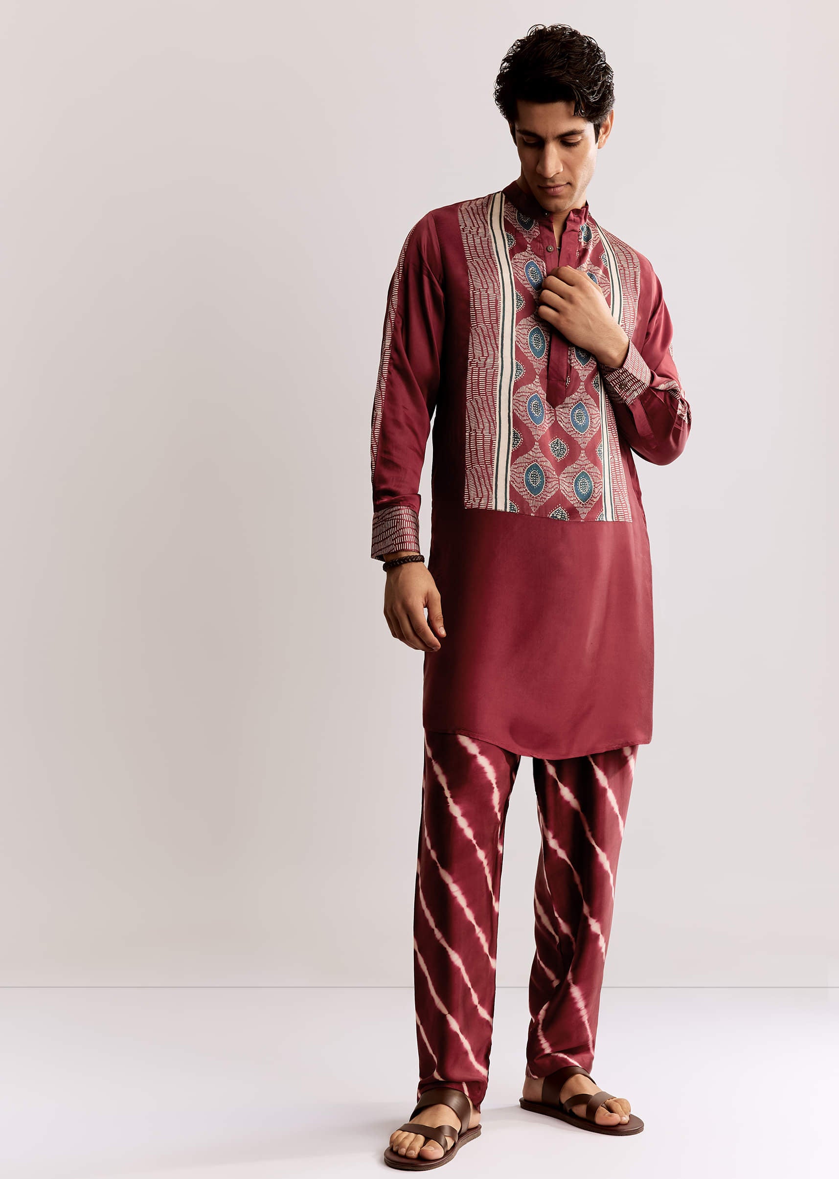 Red Silk Kurta Set With Ajrakh Print