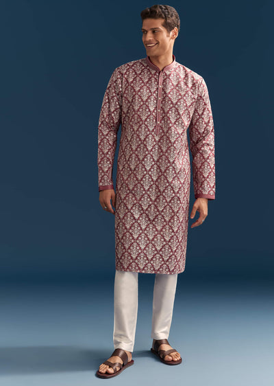 red-silk-printed-kurta-set-for-men-with-thread-embroidery-sg330006-1