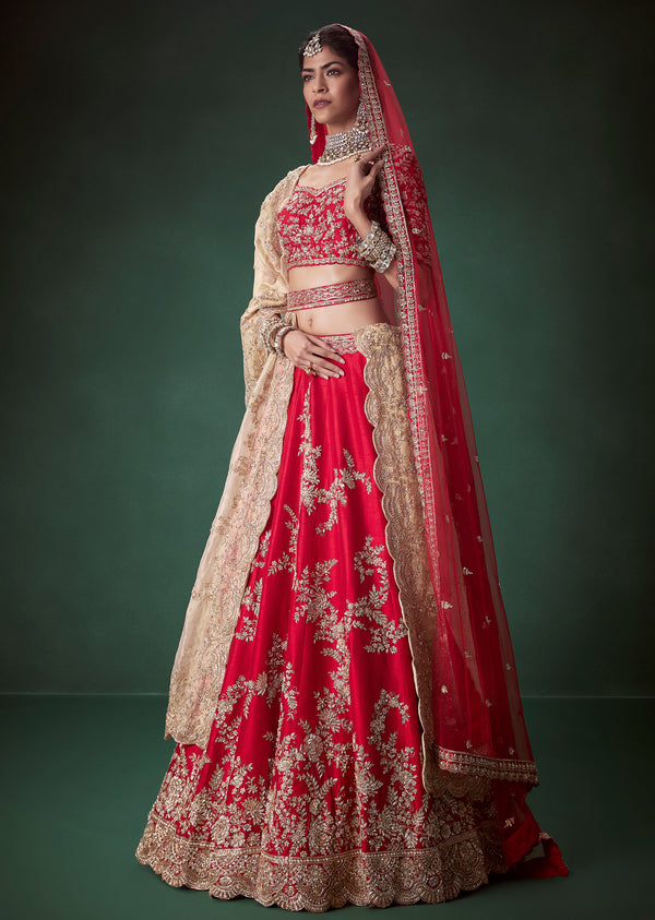 Red Silk Zari Work Bridal Lehenga Set with Two Dupattas