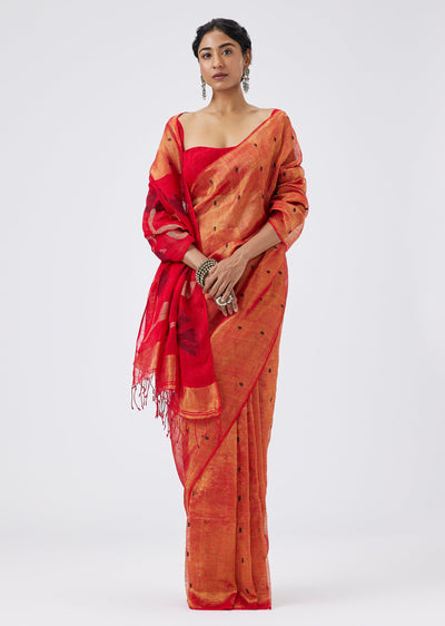 Red Tissue Woven Saree With Unstitched Blouse
