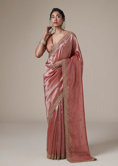 Red Tissue Zardosi Embroidered Border Saree With Unstitched Blouse