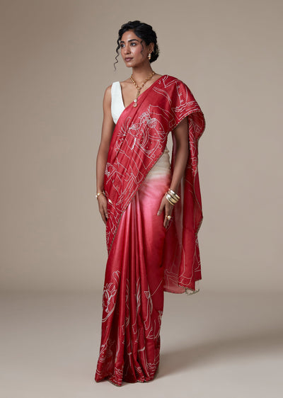 Red Tussar Ombre Saree With Resham Thread Embroidered Motifs