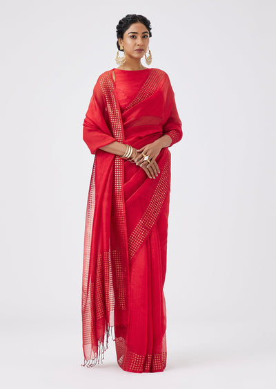 Red Woven Silk Saree With Gold Sequin Border And Unstitched Blouse
