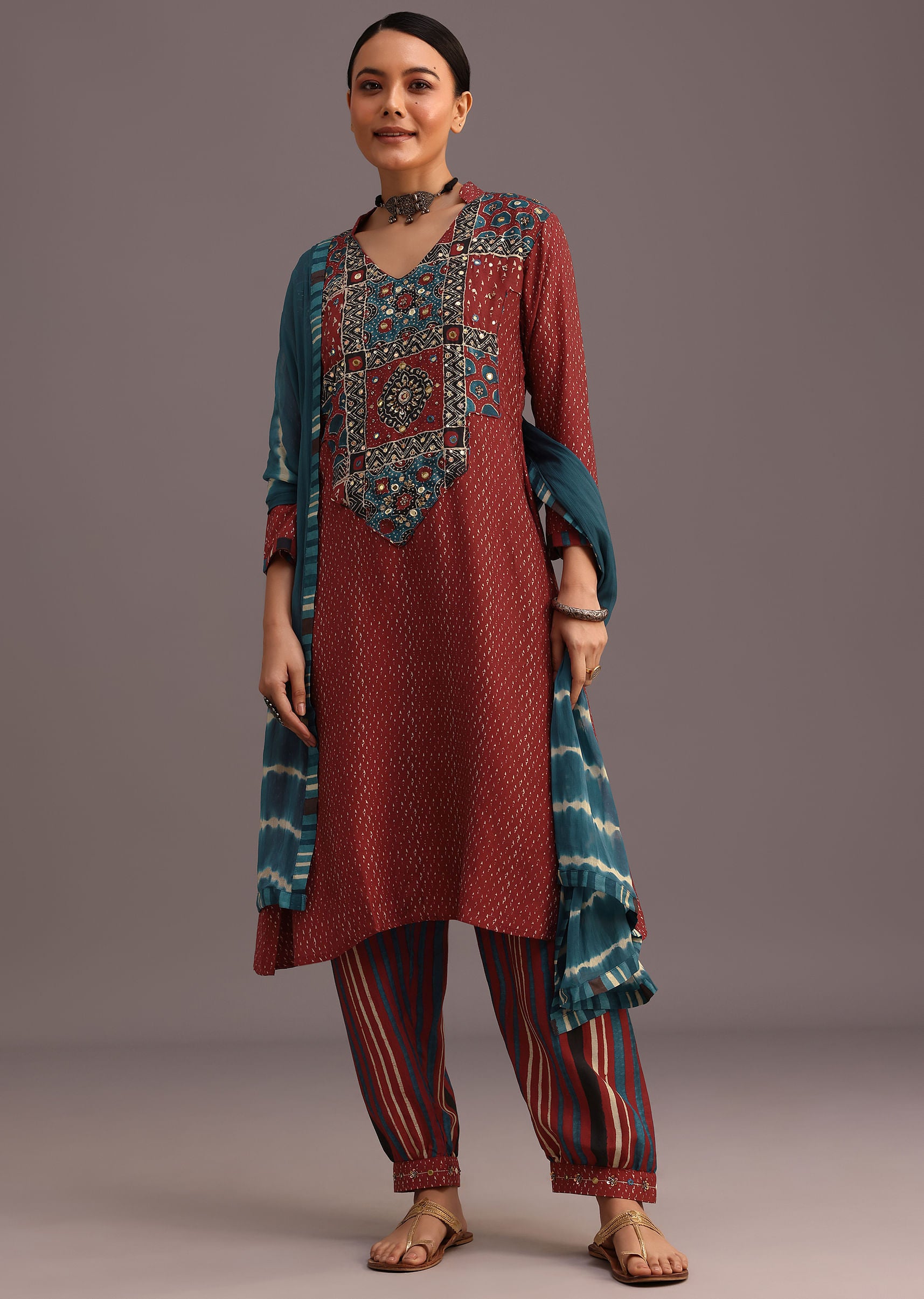 Red Ajrakh Printed Kurta Set With Leheriya Dupatta