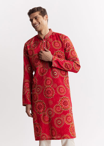 red chanderi printed kurta set with sequins-sg324008-1 1