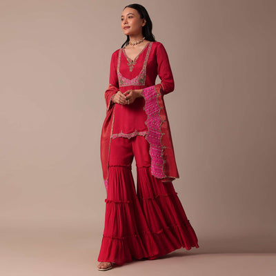 red chiffon sharara set with embroidered kurta-sg203443 1