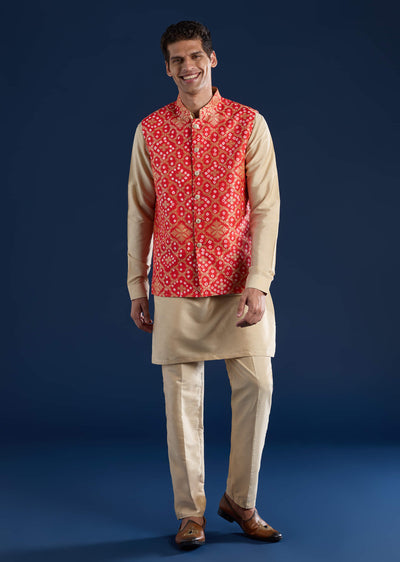 red mens bandhani silk jacket kurta-sg332796-1-nosto 6