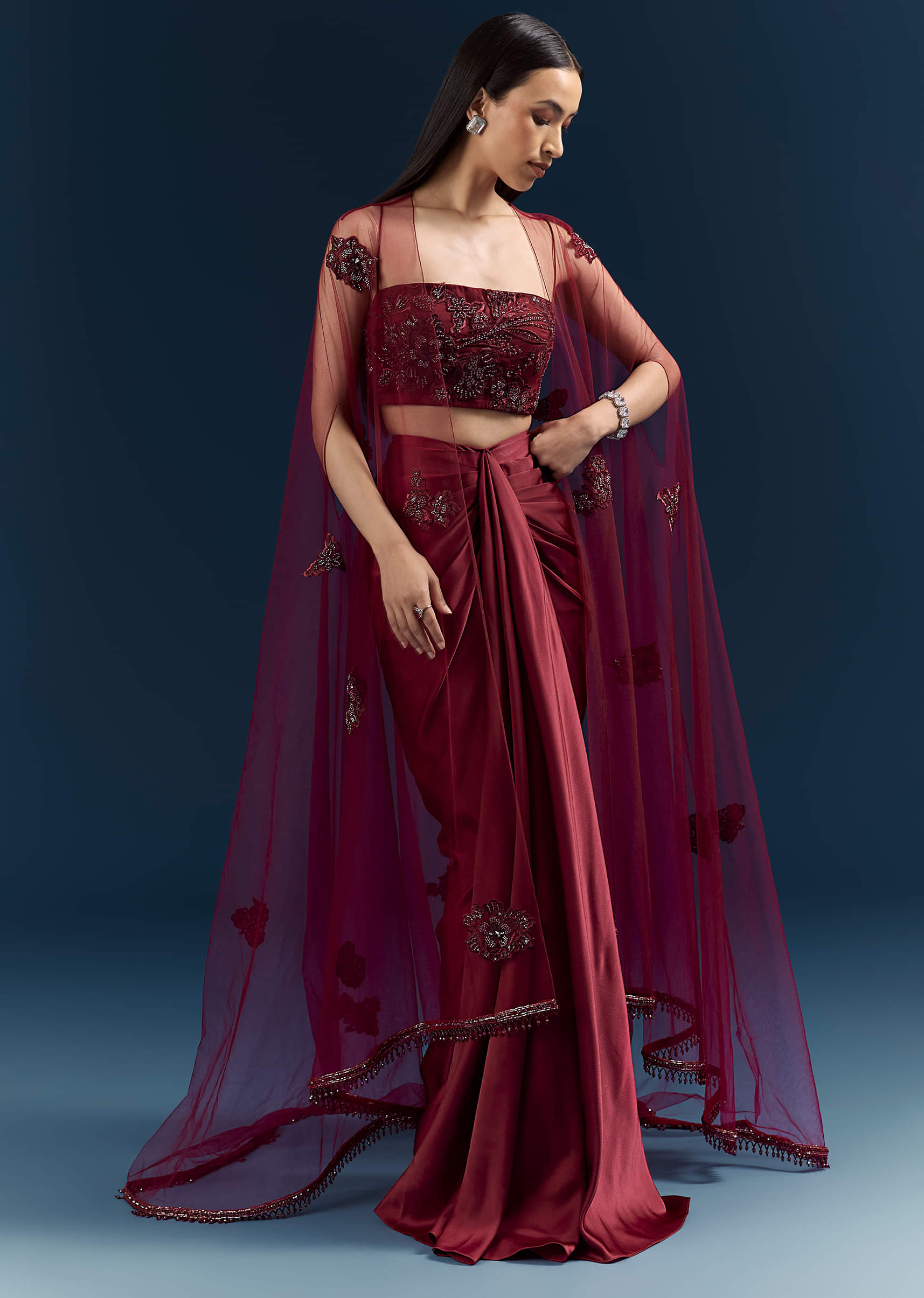 Red Satin Crop Top And Drape Skirt Set With Lace Work And Embroidery