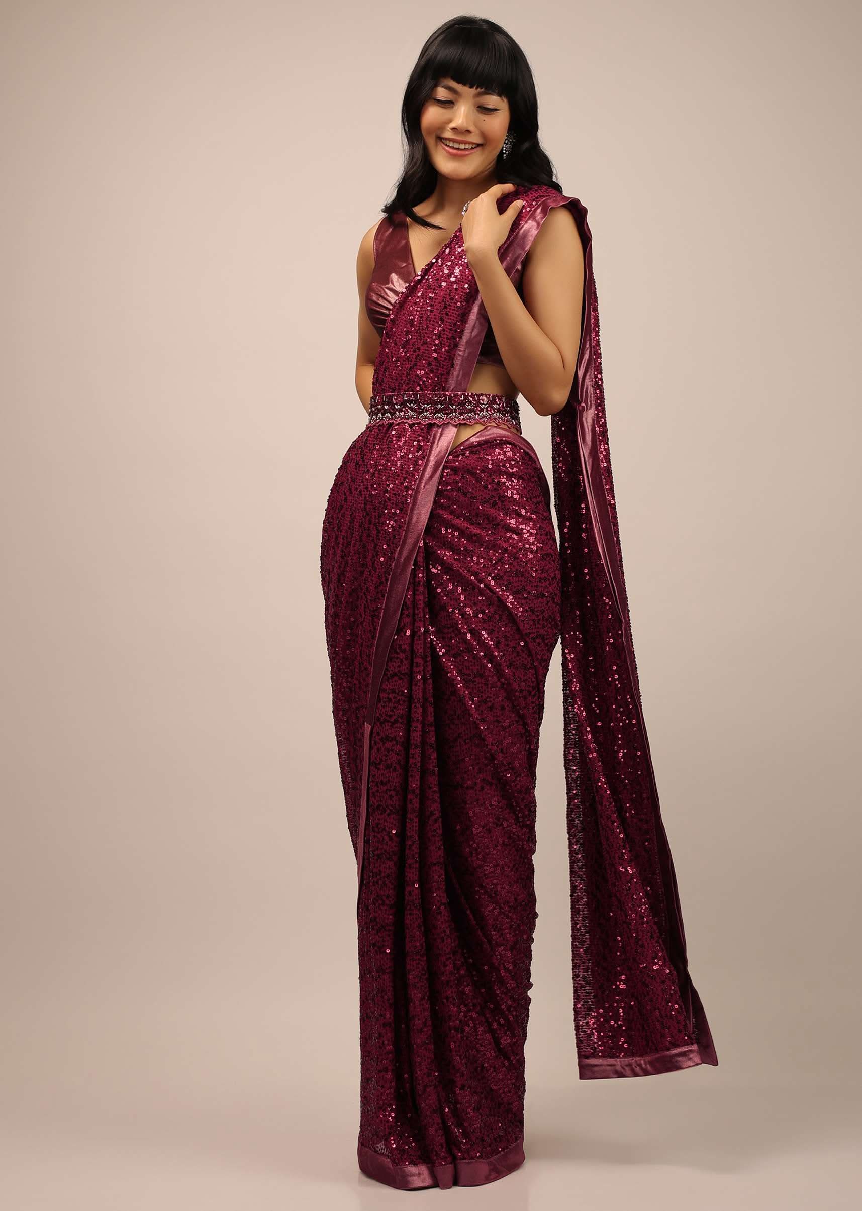 red sequins saree and satin blouse with a waist-sg97000 2
