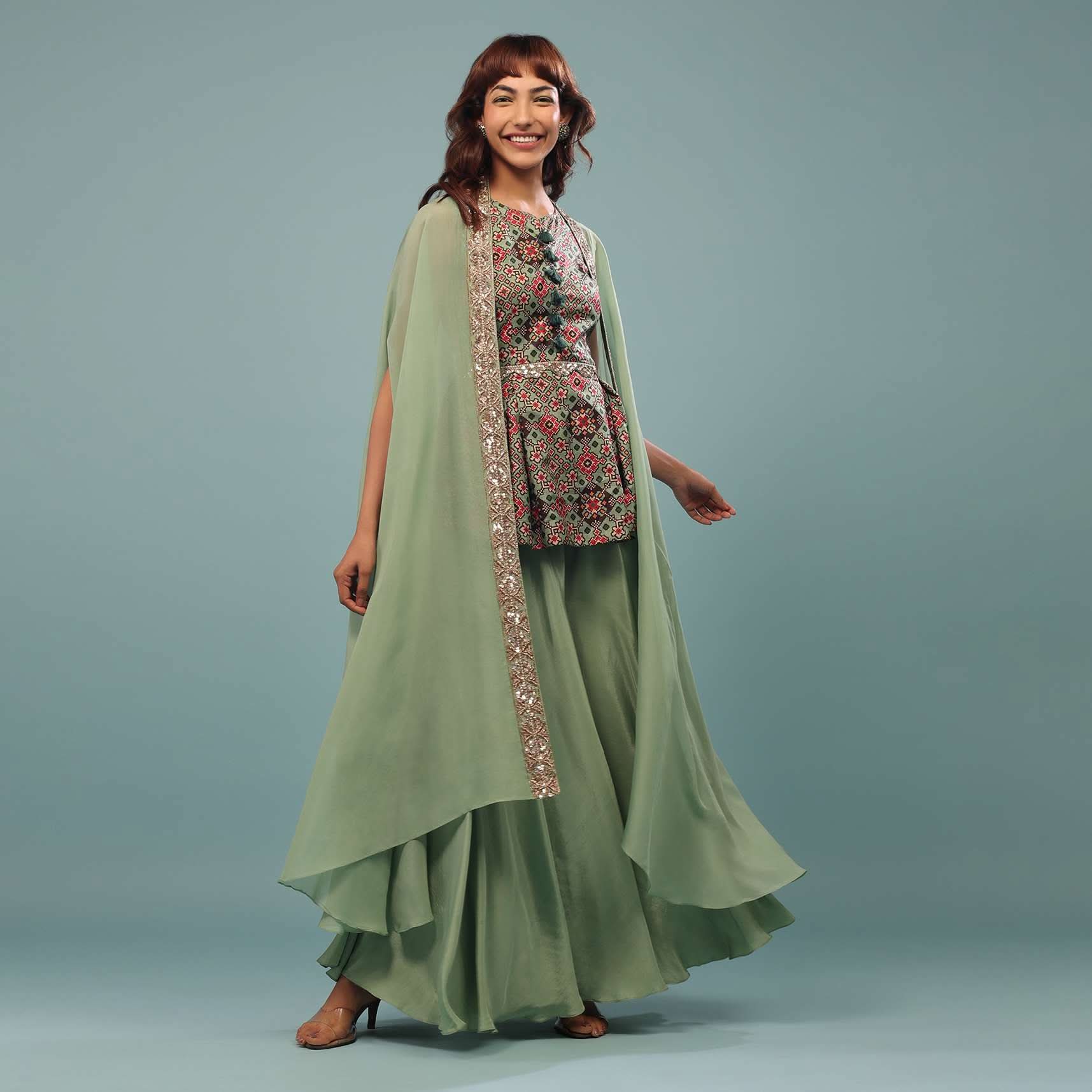 Moss Green Printed Palazzo Top Set With Embroidered Shrug