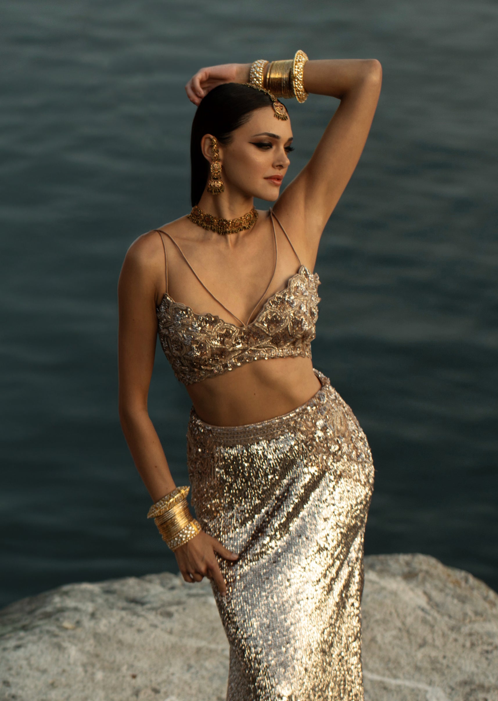 Rose Gold Embroidered Crop Top Skirt Set