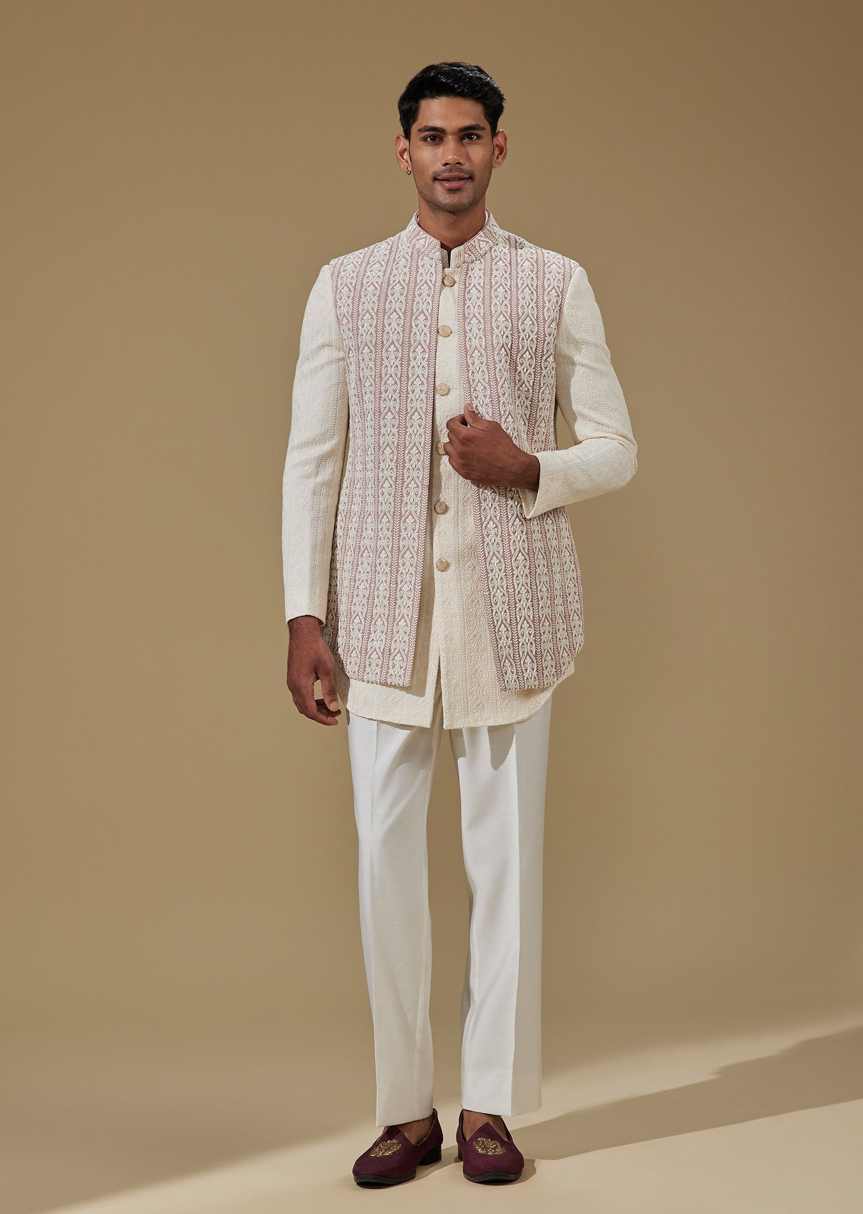 Rose Gold Lucknowi Indo Western Set With Cut Dana And Bead Work