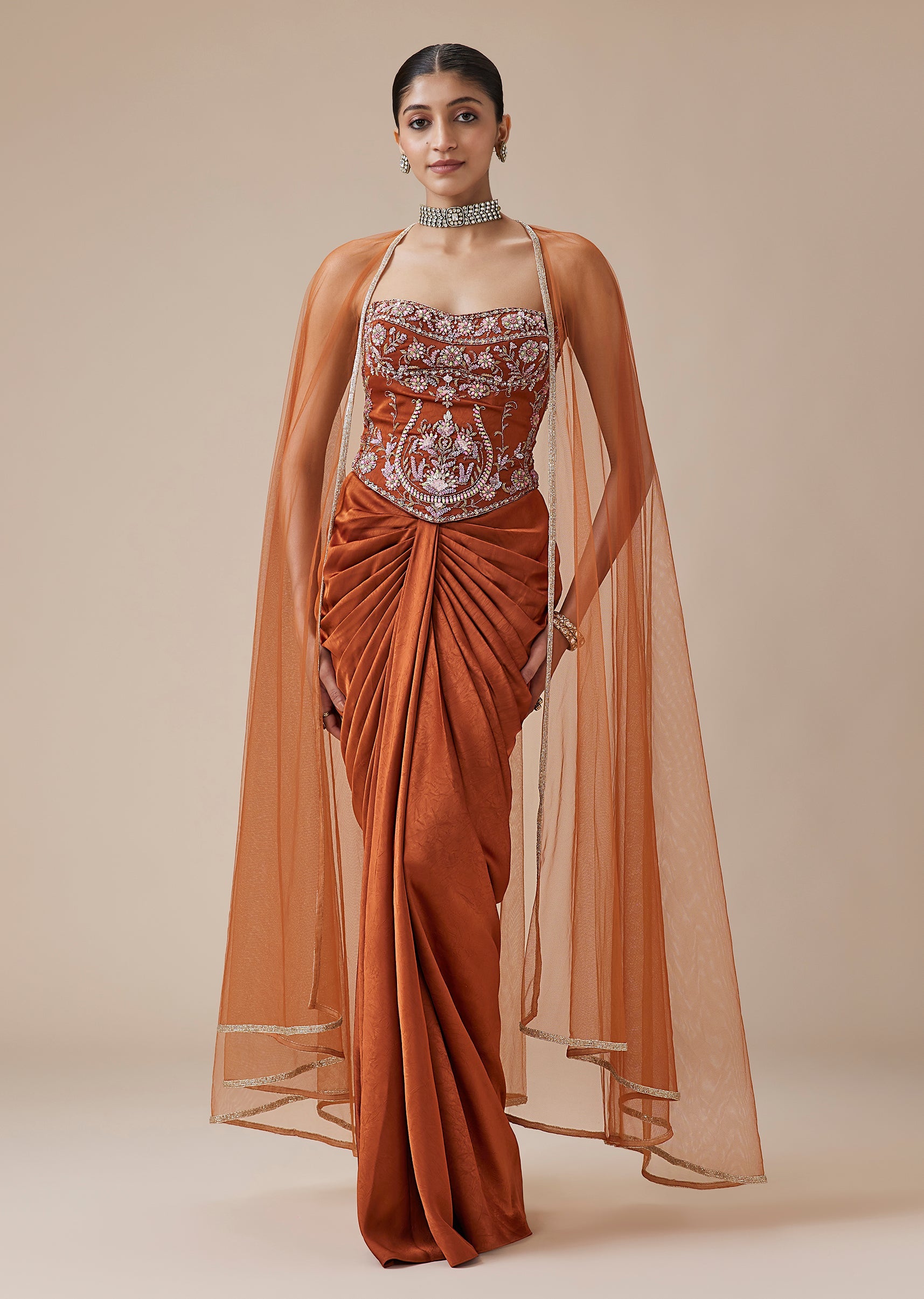 Rust Satin Corset Top With Draped Skirt And Cape