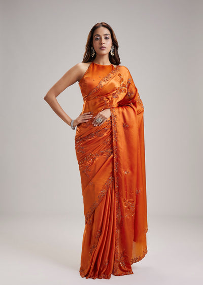 Rust Satin Saree With Cut Dana And Sequin Jaal Embroidery