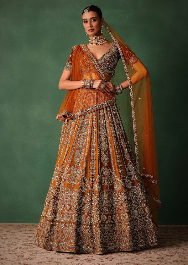 Rust Embroidered Bridal Lehenga With Deep Neckline Blouse And Dupatta