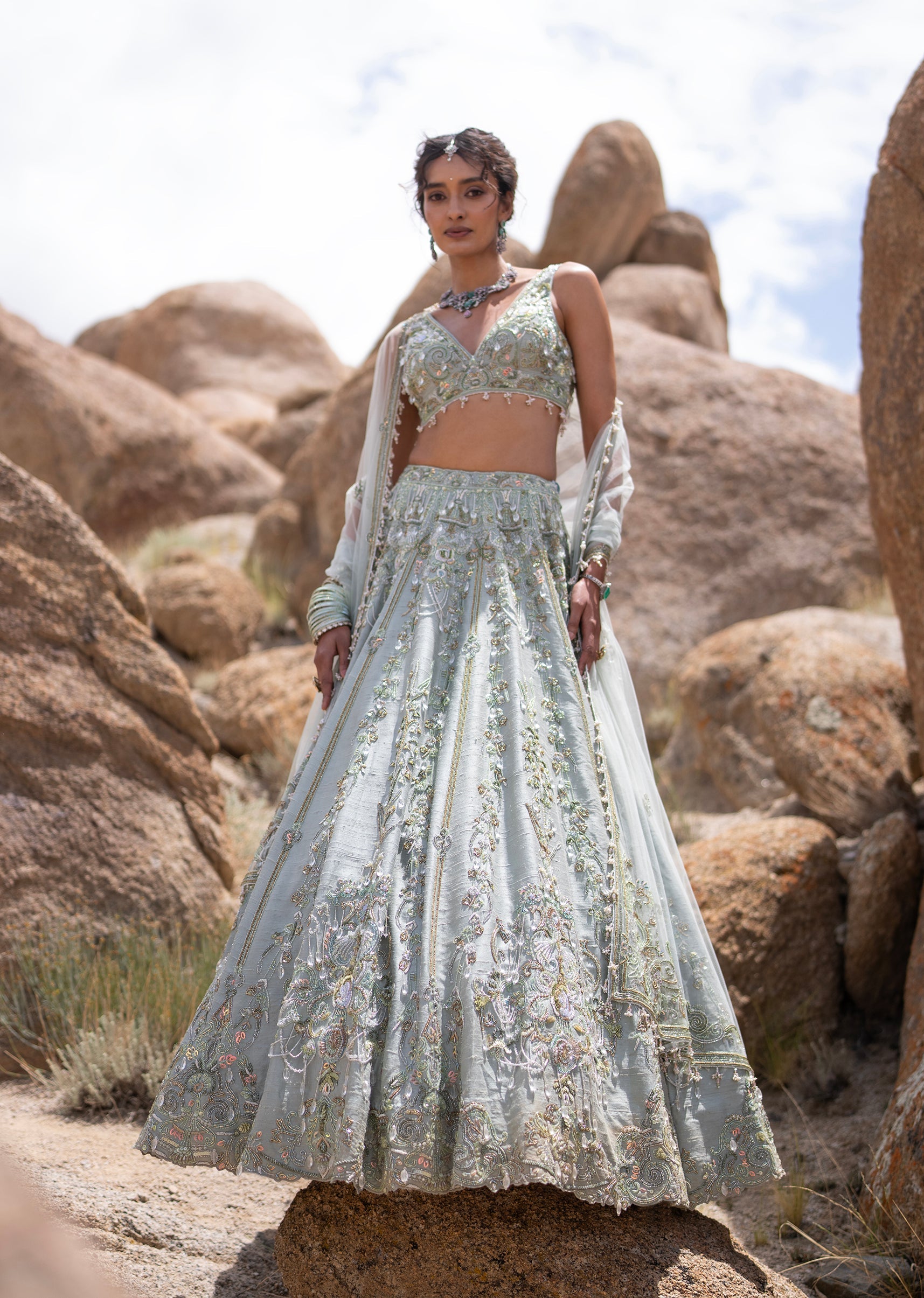 Sage Green 3D Embroidered Raw Silk Bridal Lehenga
