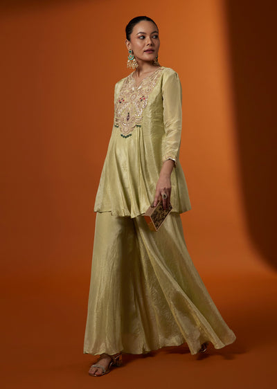 Sage Green Crushed Tissue Kurta Palazzo Set With French Knot