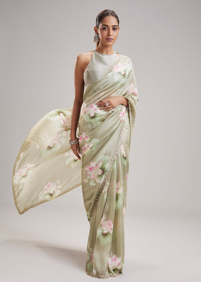 Sage Green Floral Printed Silk Saree With Cutdana Border