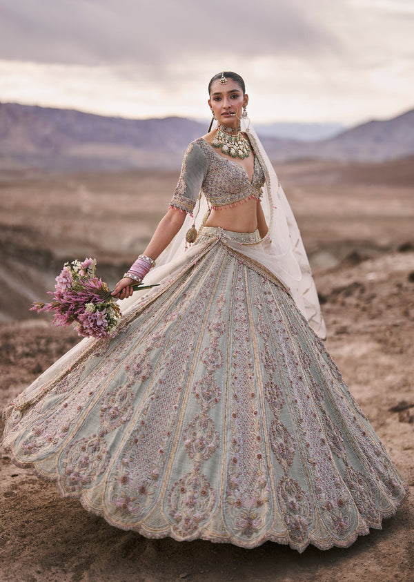 Sage Green Raw Silk Bridal Lehenga With Zardosi Embroidery