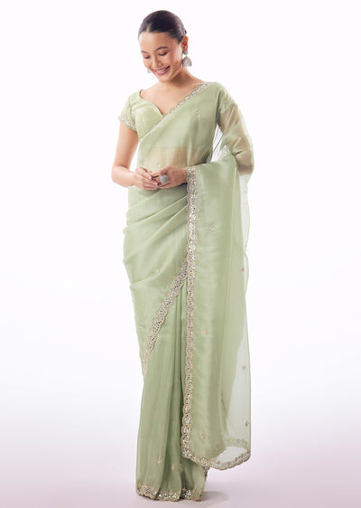 Sage Green Tissue Saree With Scallop Border And Cutdana Sequin Mirror Embroidery