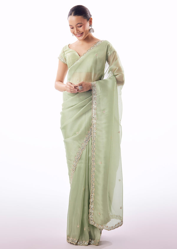 Sage Green Tissue Saree With Scallop Border And Cutdana Sequin Mirror Embroidery