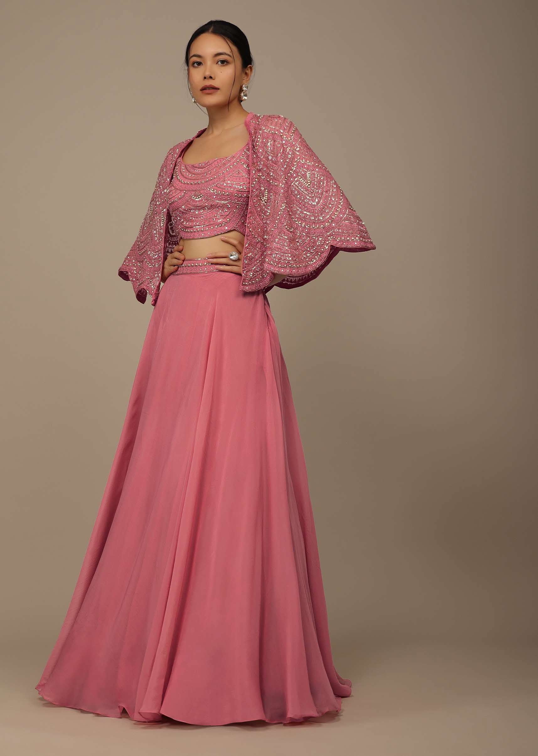 Salmon Pink Festive Embroidered Lehenga Set With Cape In Organza