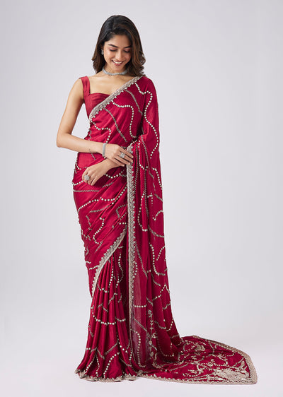 Scarlet Red Chinon Saree With Jaal Embroidery