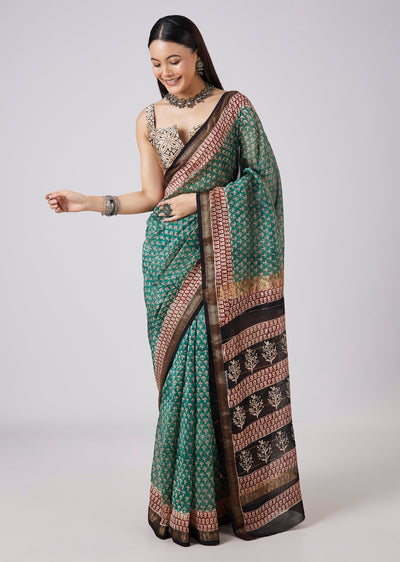 Sea Green Hand Painted Saree with Stitched Blouse