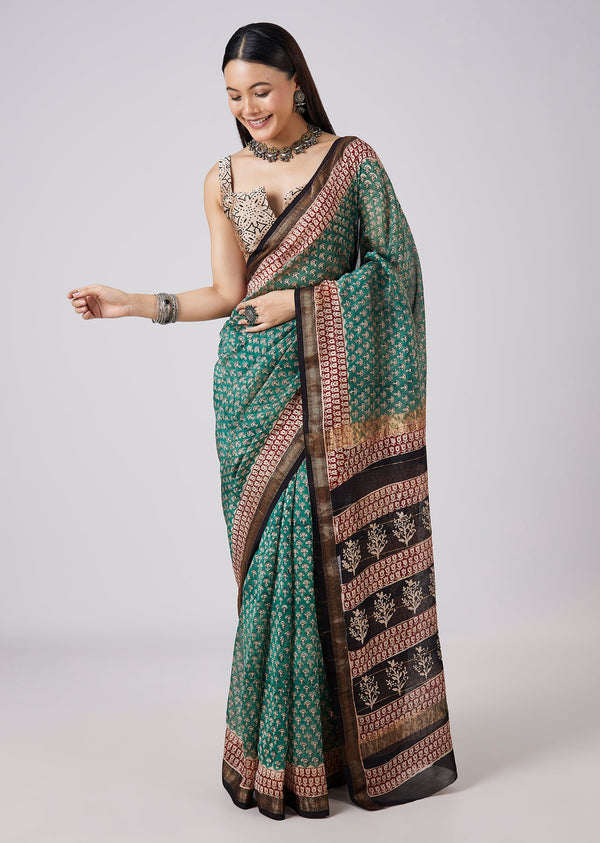 Sea Green Hand Painted Saree with Stitched Blouse