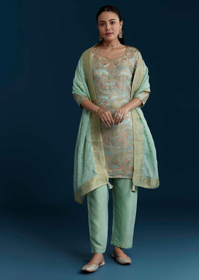 Sea Green Tissue Silk Jacquard Weave Kurta Set