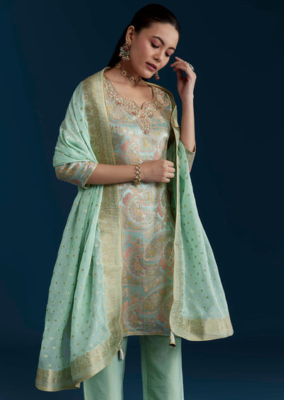 sea-green-tissue-silk-jacquard-weave-kurta-set-sg347670-4 16bf82f4-0cbc-4324-8b3c-f0a6c4262bfc