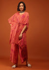 Fire Orange Tie Dye Kaftan Set In V Neckline With A Tie-Up Tassel Dori At The Front