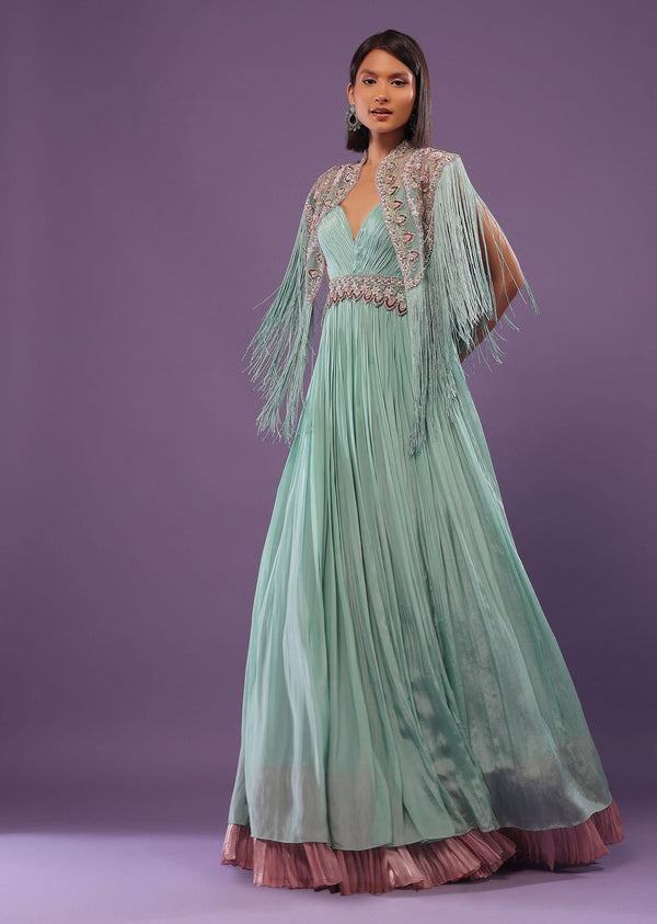 Sea Green Embroidered Gown In Crepe