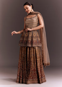 Brown Embroidered Palazzo Set With Peplum Kurta
