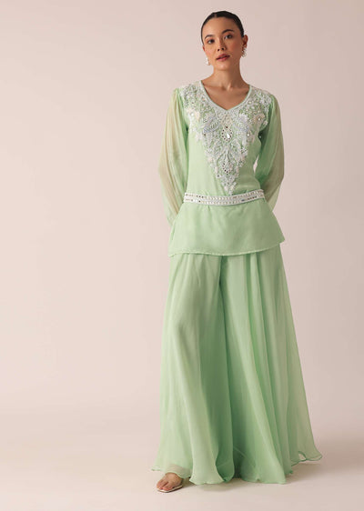 Green Organza Kurta And Palazzo Set With Embroidery And Belt