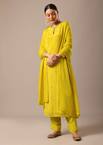 Yellow Embroidered Kurta Set With Organza Dupatta