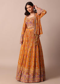 Mustard Yellow Embroidered Choli With Printed Jacket And Lehenga