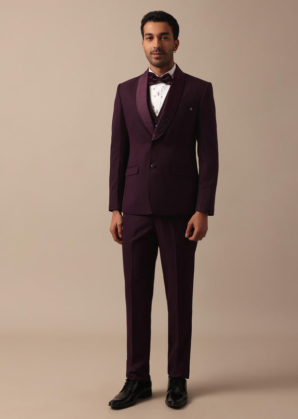 Purple Wine Coloured Tuxedo With Intricate All Over Embroidery