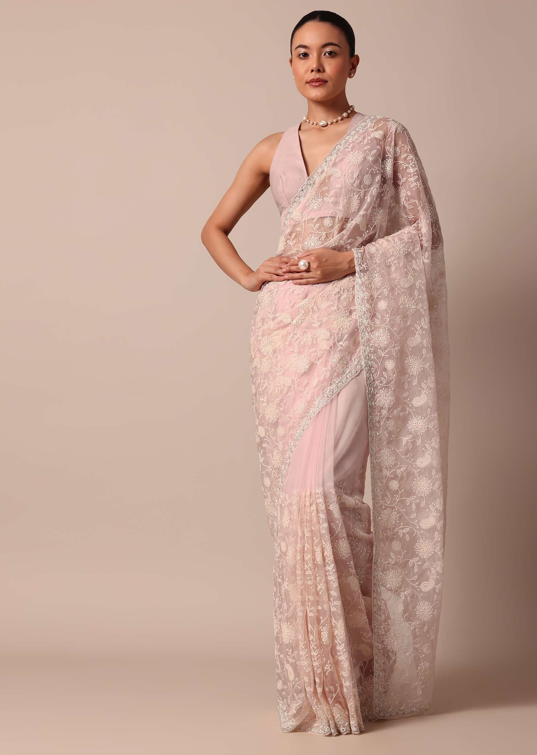 Pink Organza Silk Saree With Chikankari Floral Jaal Work And Unstitched Blouse Fabric