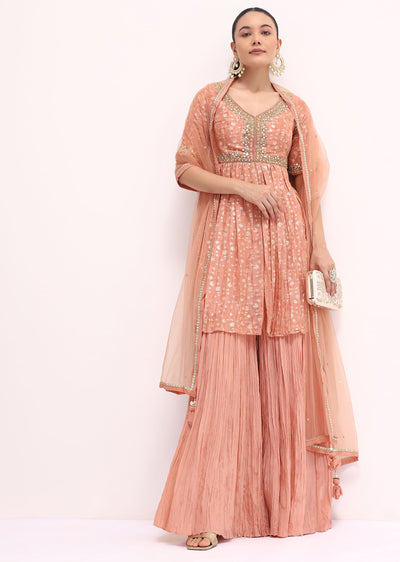 Peach Embroidered Kurta Sharara Set