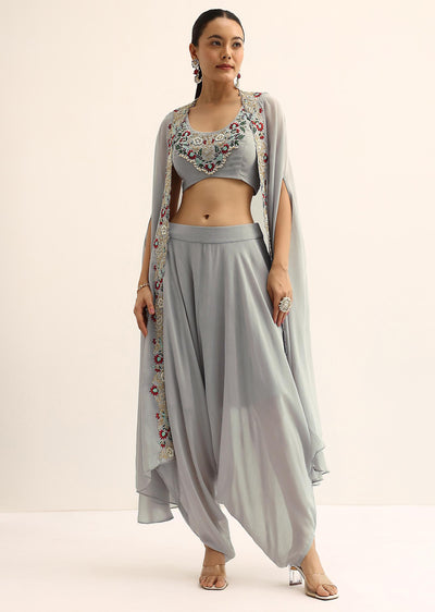Grey Crop Top With Dhoti And Jacket