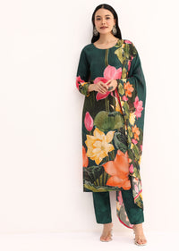sg224235-dark green floral satin printed kurta set with dupatta 8