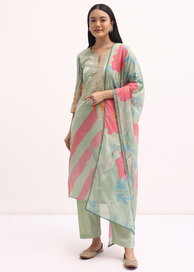 Green Printed Cotton Kurta Set With Dupatta