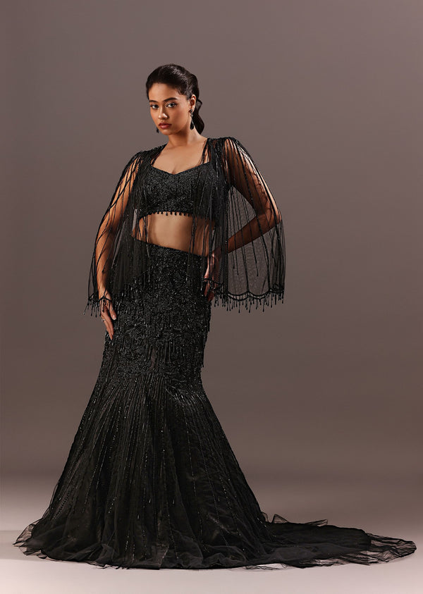 Black Embroidery Fish Cut Lehenga With Embroidered Blouse And Cape| KALKI Fashion India