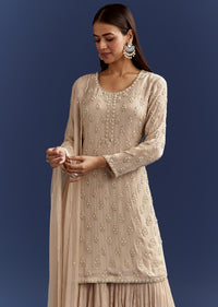 Light Beige Moti And Cutdana Kurta Dupatta With Moti Butti Sharara