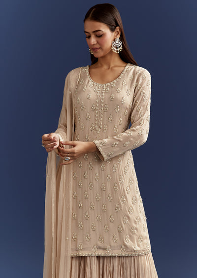 Light Beige Moti And Cutdana Kurta Dupatta With Moti Butti Sharara
