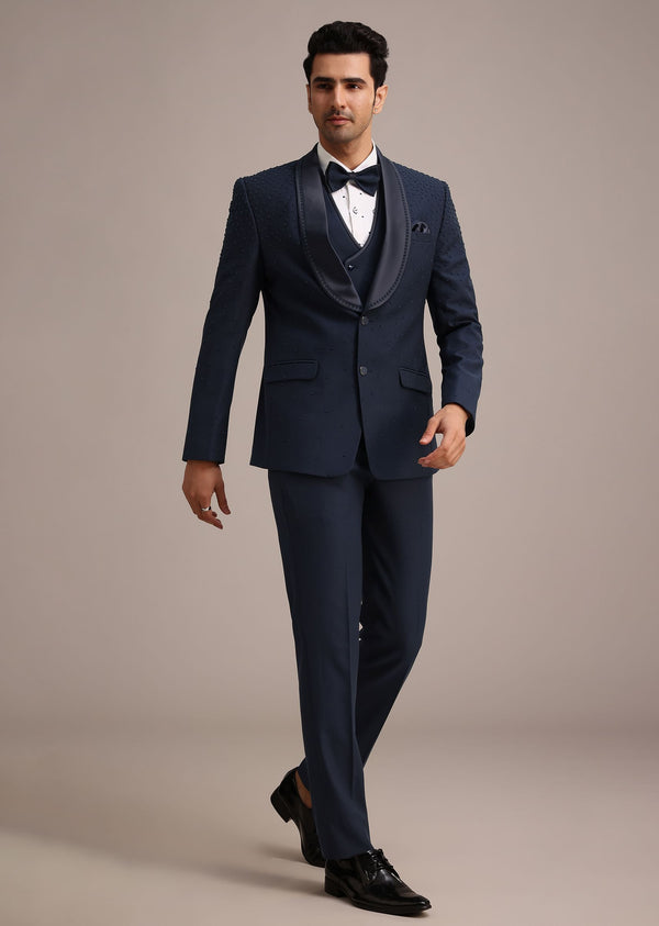Blue Terry Rayon Tuxedo Set With Hand Work