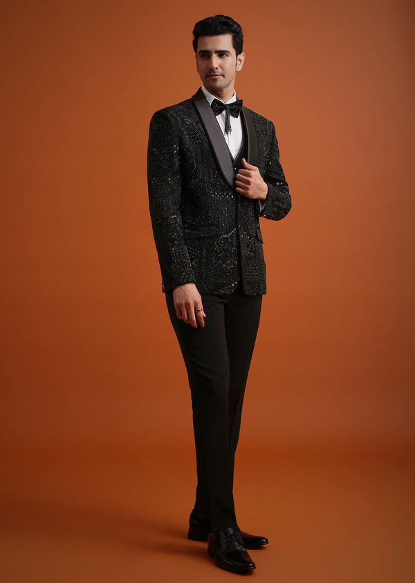 Black Cutwork Stone Embellished Tuxedo Set
